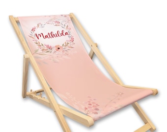 Liegestuhl mit Name bedruckt | Blumen rosa | Blüten Geschenk personalisiert für Frauen Mädchen Strandstuhl Gartendeko Sommerdeko Mädelsabend