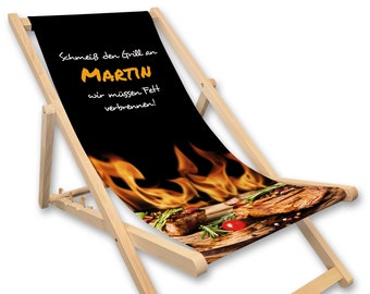 Liegestuhl mit Name bedruckt, schwarz Grill, Geschenk für Männer, Steak, Vatertag, Strandstuhl, Gartendeko