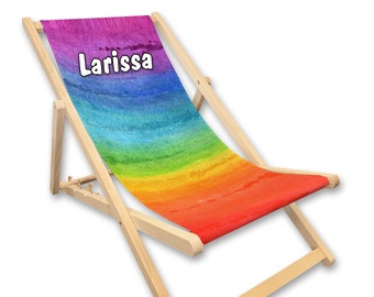 Liegestuhl mit Name | Regenbogen bunt gestreift | personalisiertes Geschenk für Männer, Frauen Kinder Strandstuhl Gartendeko Camping Zubehör