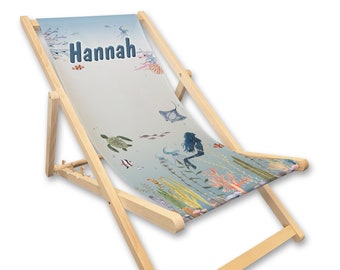 Liegestuhl mit Name bedruckt | Meerjungfrau, Fische | Geschenk für Mädchen Kinder Strandstuhl Kinderzimmer Deko Campingzubehör Liege