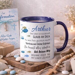 Tasse mit Name Geschenk Konfirmation DUNKELBLAU | Kommunion Taufe Jugendweihe personalisiert Spruch Wünsche Fische individuell Geschenkidee