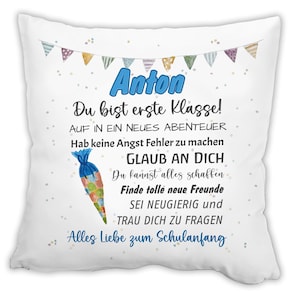 Coussin avec nom rentrée scolaire bleu tu es cadeau de première classe écolier 2023 cartable garçon personnalisé souhaits inscription scolaire