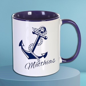 Tasse Anker mit Name personalisiert, blau weiß, Namenstasse Kaffeetasse maritim Kreuzfahrt Geschenk, Geldgeschenk Kaffeepott Reiselust Meer