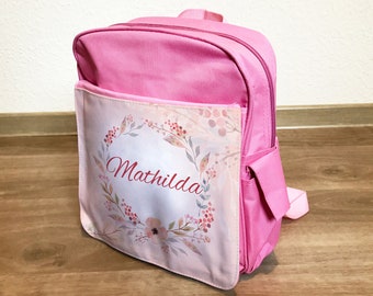 Kinderrucksack mit Name und Blumen, Kindergartenrucksack pink für Mädchen, rosa Wäschebeutel, Kita