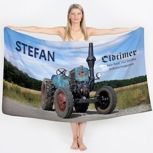 Badhanddoek met naam, Lanz Bulldog, oldtimer oude tractor, boer, handdoek gepersonaliseerde saunahanddoek strandlaken XXL, rijbewijs verjaardag