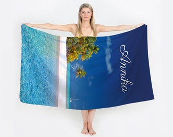 Badhanddoek met naam, strandpalmenmotief, handdoek, gepersonaliseerde reischeque, saunahanddoek, strandlaken XXL, blauw, cadeau-idee