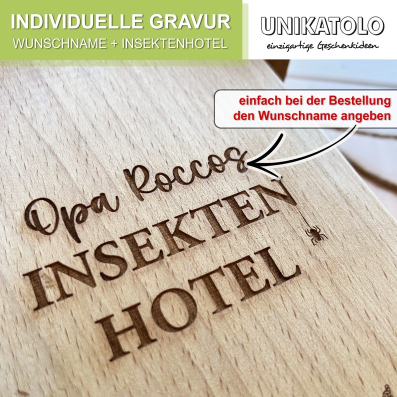 Personalisiertes Insektenhotel mit Gravur Gartendeko, Wildbienen-Hotel mit Name, Geschenk zum Einzug, Richtfest, Hausbau, Geburtstag imagem 2