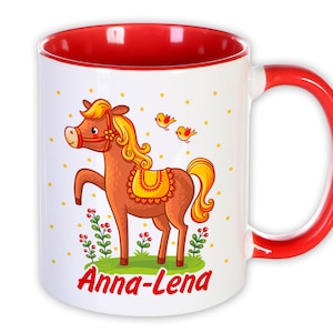 Tasse cheval personnalisée avec nom, rouge, cadeau individuel pour filles, ferme, écurie, tasse nominative, anniversaire d'enfant, rentrée scolaire