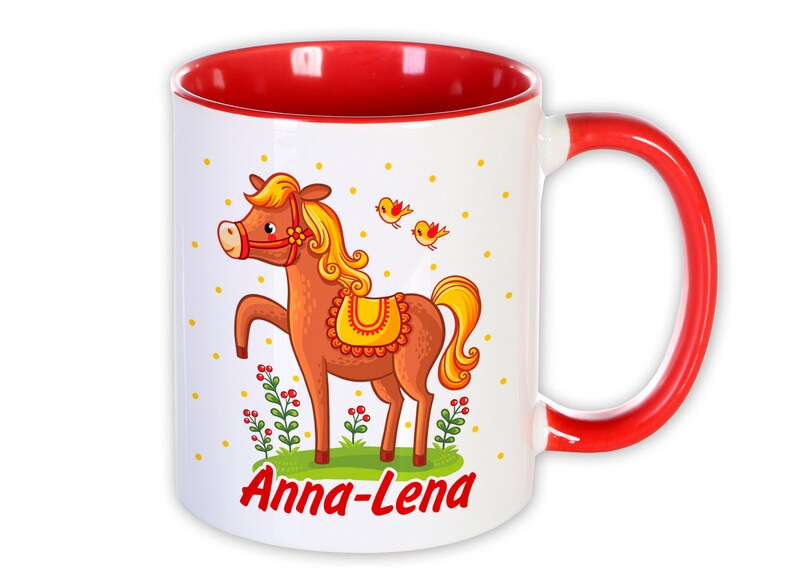 Tasse Pferd mit Name personalisiert, rot, individuelles Geschenk für Mädchen, Bauernhof, Reiterhof Namenstasse Kindergeburtstag Schulanfang Bild 1