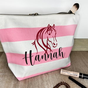 Kosmetiktasche Pferd Rosa gestreift personalisiert mit Name Schminktasche Geschenk Pferdemädchen Mädelskram Tasche Reiterhof Gutschein image 1