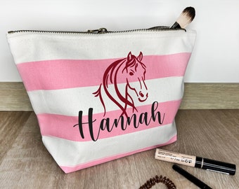 Kosmetiktasche Pferd Rosa gestreift personalisiert mit Name Schminktasche Geschenk Pferdemädchen Mädelskram Tasche Reiterhof Gutschein