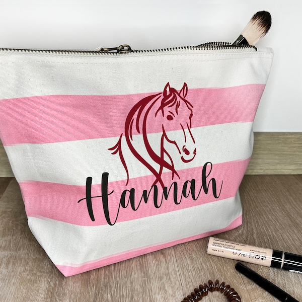 Kosmetiktasche Pferd Rosa gestreift personalisiert mit Name Schminktasche Geschenk Pferdemädchen Mädelskram Tasche Reiterhof Gutschein