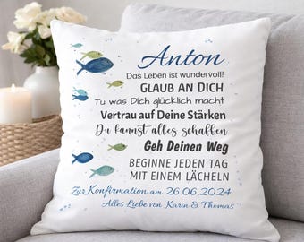 Cojín personalizado con nombre, regalo para Confirmación, Comunión, Bautismo, Dedicación juvenil, frase, deseos, pez, idea de regalo individual, cojín con nombre