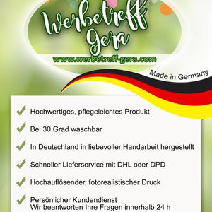 May include: A checklist of features for a product made in Germany. The list includes high-quality, easy-care, washable at 30 degrees Celsius, handmade in Germany, fast shipping with DHL or DPD, high-resolution, photorealistic printing, and personal customer service.