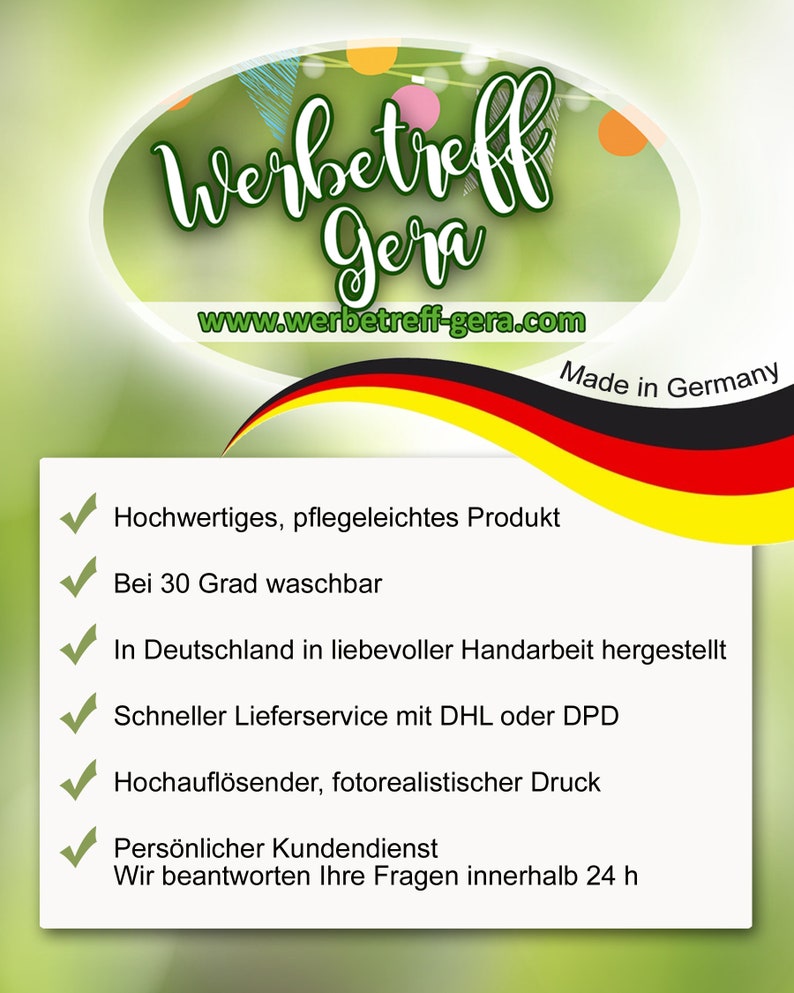 May include: A checklist of features for a product made in Germany. The list includes high-quality, easy-care, washable at 30 degrees Celsius, handmade in Germany, fast shipping with DHL or DPD, high-resolution, photorealistic printing, and personal customer service.