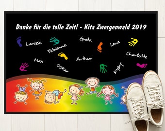 Kita Abschiedsgeschenk Fußmatte mit eigenem Text / Namen bedruckt, Teppich Kindergarten Abschluss, Spielteppich personalisiert-Hände