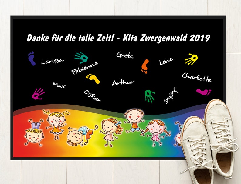 Kita Abschiedsgeschenk Fußmatte mit eigenem Text / Namen bedruckt, Teppich Kindergarten Abschluss, Spielteppich personalisiert Bild 1