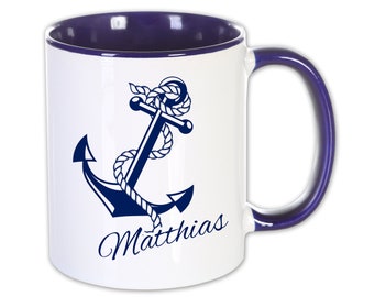 Tasse Anker mit Name, blau weiß, Namenstasse, Kaffeetasse maritim, Kreuzfahrt Geschenk, Geldgeschenk Kaffeepott