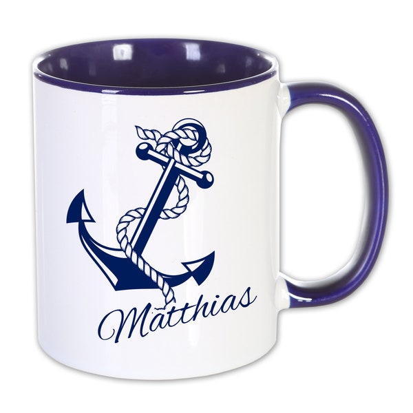 Tasse Anker mit Name, blau weiß, Namenstasse, Kaffeetasse maritim, Kreuzfahrt Geschenk, Geldgeschenk Kaffeepott