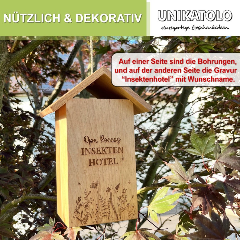 Personalisiertes Insektenhotel mit Gravur Gartendeko, Wildbienen-Hotel mit Name, Geschenk zum Einzug, Richtfest, Hausbau, Geburtstag imagem 3