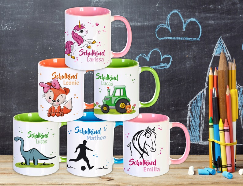 Namenstasse Schulkind, personalisiertes Geschenk Schulanfang Tasse Schulstart, Schultüte Zuckertüte Einschulung Mädchen Junge Kinder zdjęcie 1