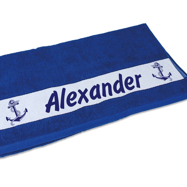 Badetuch mit Name Anker Bordüre, blau  bedruckt Frottee Handtuch Geschenk Gutschein Reise Hausboot Urlaub Maritim