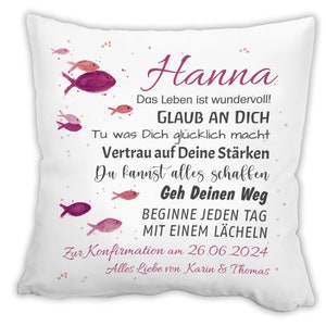 Kissen mit Name Geschenk Konfirmation PINK Kommunion Taufe Jugendweihe personalisiert Spruch Wünsche Fische individuell Geschenkidee zdjęcie 5