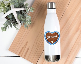 Thermosflasche Lebkuchenherz mit Name, Trinkflasche für Kinder und Erwachsene zum Schulanfang, fürs Büro, unterwegs, Oktoberfest Deko