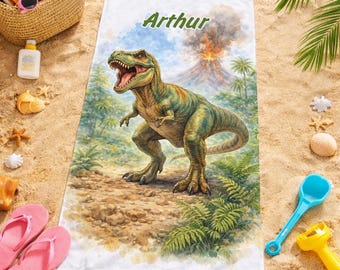 Personalized T-Rex children's towel with name, bath towel/beach towel for boys, gift idea for children's birthdays, Christmas, Easter, first day of school