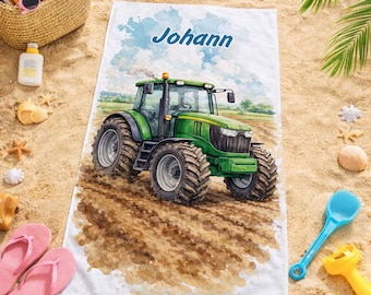 Gepersonaliseerde handdoek met tractormotief voor kinderen, met naam, badhanddoek/strandhanddoek voor jongens, cadeau-idee voor kinderverjaardagen, Kerstmis, Pasen, eerste schooldag