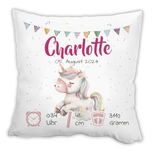 Kissen mit Name personalisiert, EINHORN rosa Geschenk Geburt Geburtsdaten individuelles Taufe Kinderzimmerdeko Kuschelkissen Mädchen Baby