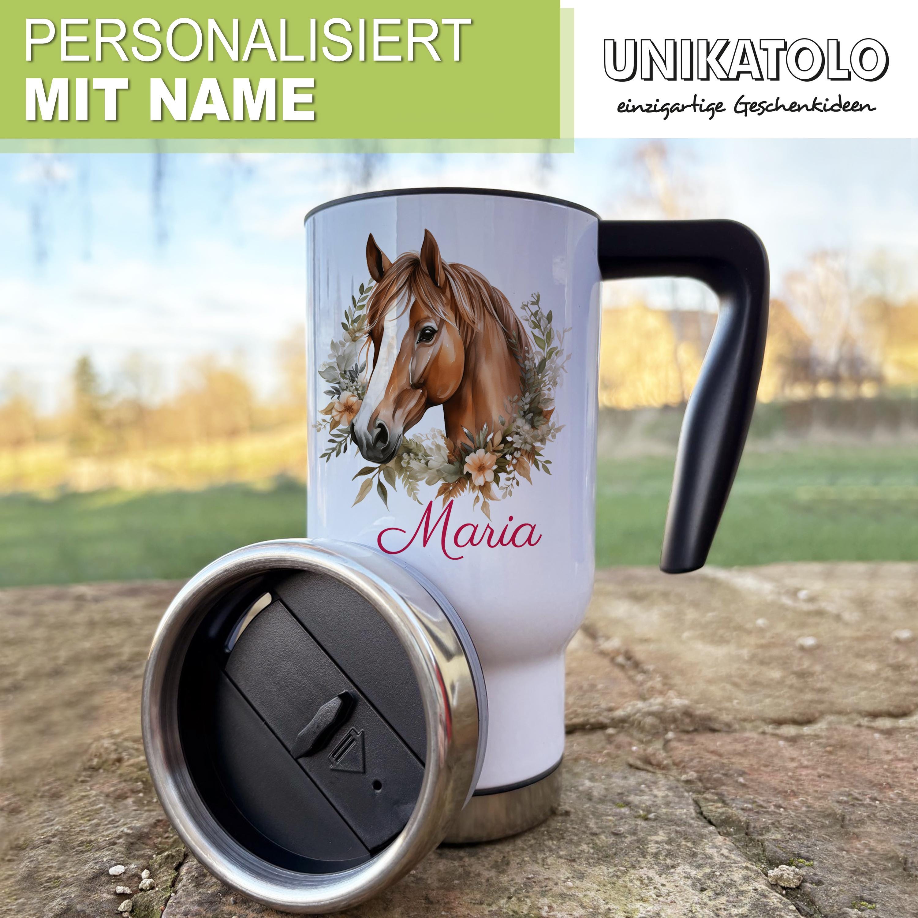 Tazza stampata con motivo – Cavallo – Personalizzato con nome – Regalo per bambini per l'inizio della scuola – Regalo per ragazzi e ragazze – Colore marrone chiaro – Bianco
