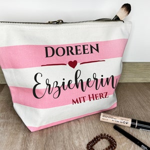 Kosmetiktasche personalisiert ERZIEHERIN mit Herz Name Rosa gestreift Abschiedsgeschenk Kita Geschenk Dankeschön Kleinigkeit Tasche