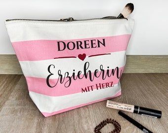 Kosmetiktasche personalisiert ERZIEHERIN mit Herz Name Rosa gestreift Abschiedsgeschenk Kita Geschenk Dankeschön Kleinigkeit Tasche