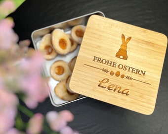 Personalisierte Keksdose mit Name OSTERN | Metall mit Bambusdeckel | Vorratsdose Hase Osternest Geschenkverpackung Blechdose Osterhase