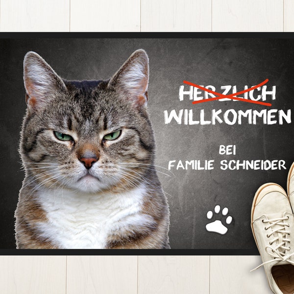 Fußmatte Katze Miezepeter mit Name individuell bedruckt, witzige Geschenkidee Katzenbesitzer Sarkasmus Ironie Sprüche Fußabtreter Nachname