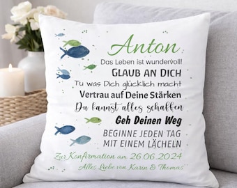 Personalizowana poduszka z imieniem, prezent na Bierzmowanie, Komunię, Chrzest, Poświęcenie Młodzieży, życzenia, rybka, indywidualny pomysł na prezent od rodziców