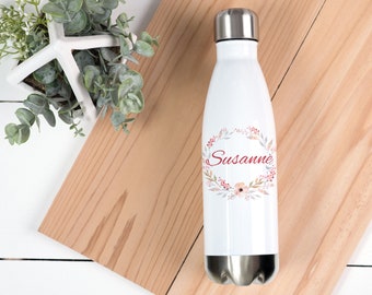 Thermosflasche mit Name Blumen Rahmen, bunt, aquarell, Trinkflasche für Kinder und Erwachsene