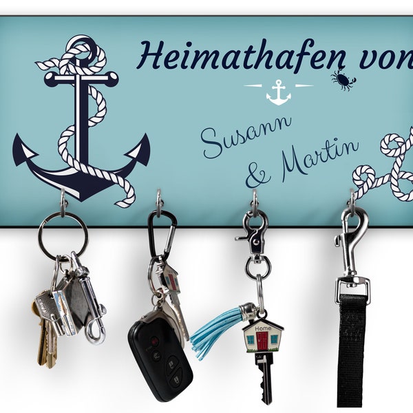 Schlüsselbrett Heimathafen mit Name, Valentinstagsgeschenk, Hochzeitsgschenk, Einzugsgeschenk, Wanddekoration Maritim, Anker