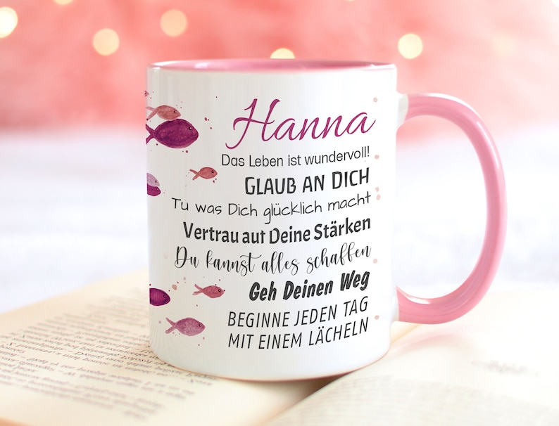 Tasse mit Name Geschenk Konfirmation PINK Kommunion Taufe Jugendweihe personalisiert Spruch Wünsche Fische individuell Geschenkidee image 1