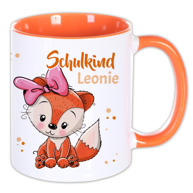 Namenstasse Schulkind, personalisiertes Geschenk Schulanfang Tasse Schulstart, Schultüte Zuckertüte Einschulung Mädchen Junge Kinder Fuchs Mädchen / ORAN