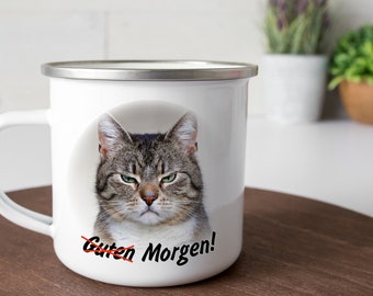 Emaille Tasse Morgenmuffel, Miezepeter, Montag, schlechte Laune, witzige Geschenkidee Büro, Katze