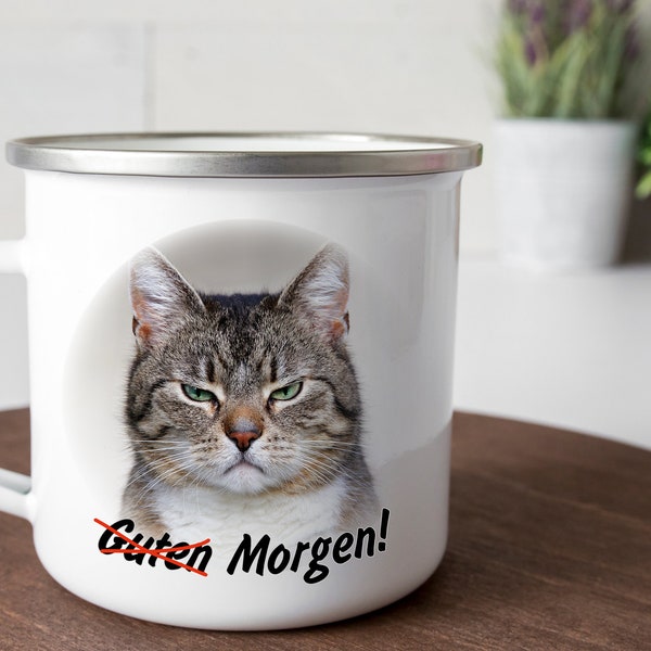 Emaille Tasse Morgenmuffel, Miezepeter, Montag, schlechte Laune, witzige Geschenkidee Büro, Katze