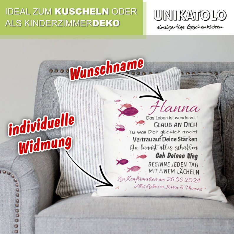 Kissen mit Name Geschenk Konfirmation PINK Kommunion Taufe Jugendweihe personalisiert Spruch Wünsche Fische individuell Geschenkidee Bild 2