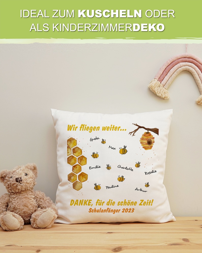 Kita Abschiedsgeschenk Bienen Kissen mit Namen, 40 x 40 cm, Kindergarten Schule Abschluss, Geschenk Erzieherin Danke Schulanfang image 4