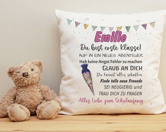 Kissen mit Name Schulanfang rosa Du bist erste Klasse Geschenk Schulkind 2023 Schultüte  Mädchen personalisiert Spruch Wünsche Einschulung