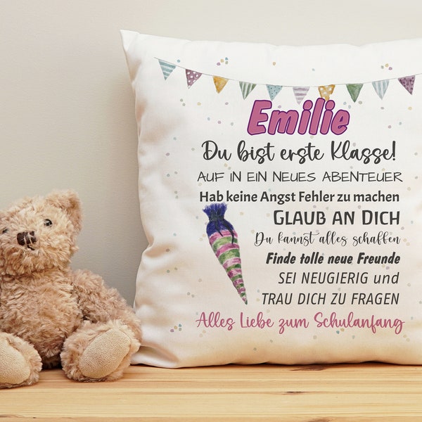 Kissen mit Name Schulanfang rosa Du bist erste Klasse Geschenk Schulkind 2023 Schultüte  Mädchen personalisiert Spruch Wünsche Einschulung