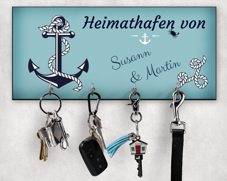Schlüsselbrett Heimathafen mit Name, Valentinstagsgeschenk, Hochzeitsgschenk, Einzugsgeschenk, Wanddekoration Maritim, Anker image 3