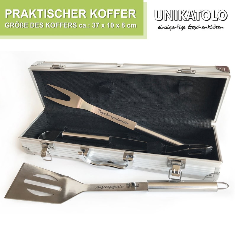 personalisiertes Grillbesteck mit Name graviert, BBQ-Set aus Edelstahl mit Gravur, Koffer, Geschenk Vatertag, Männer, Grillzange Bild 5