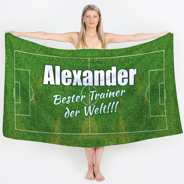 Badetuch mit Name, Motiv Fußball, Abschied Trainer, Bester Spieler, Torwart, Stürmer Geschenk personalisiert Saunatuch Strandtuch XXL